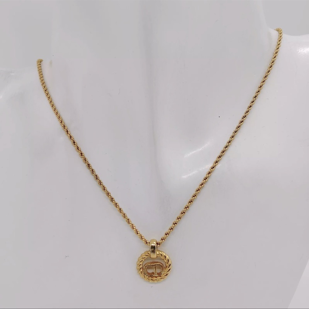 Christian Dior CD Round Monogram Pendant Gold Rope Necklace